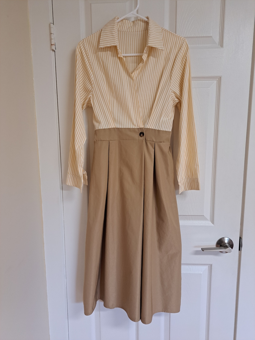 Striped Collared Top with Tan Midi Skirt Dress
